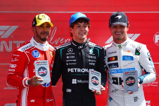  Sprint winner Andrea Kimi Antonelli of Italy and Mercedes AMG Petronas F1 Team Second placed Lewis Hamilton of Great Britain and Scuderia Ferrari and Third placed Lando Norris of Great Britain and McLaren with their trophies during the Sprint ahead of the F1 Grand Prix of Great Britain at Silverstone Circuit on July 04, 2026 in Northampton, England. (Photo by Clive Rose/Getty Images)