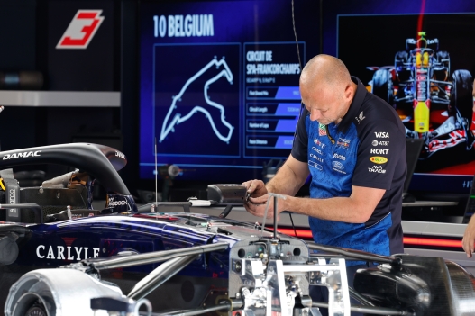 A technician works on the car of Red Bull driver Max Verstappen of the Netherlands ahead of the Formula One Grand Prix at the Spa-Francorchamps racetrack in Spa, Belgium, Thursday, July 16, 2026. (AP Photo/Geert Vanden Wijngaert)