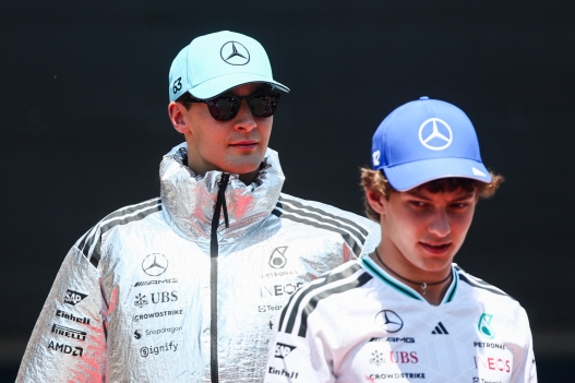 George Russell and Andrea Kimi Antonelli of Mercedes ahead of the Formula 1 Austrian Grand Prix at Red Bull Ring in Spielberg, Austria on June 28, 2026. (Photo by Jakub Porzycki/NurPhoto) (Photo by Jakub Porzycki / NurPhoto via AFP)