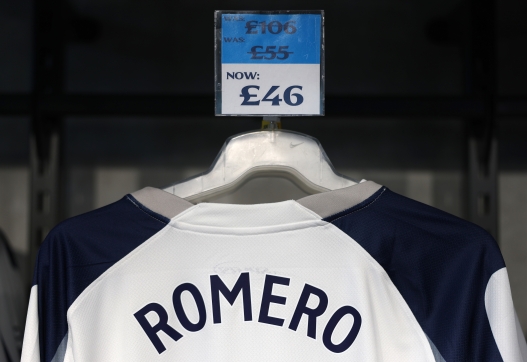 LONDON, ENGLAND - MAY 24: A discounted Christian Romero shirt for sale in the club prior to the Premier League match between Tottenham Hotspur and Everton at Tottenham Hotspur Stadium on May 24, 2026 in London, England. (Photo by Alex Pantling/Getty Images)