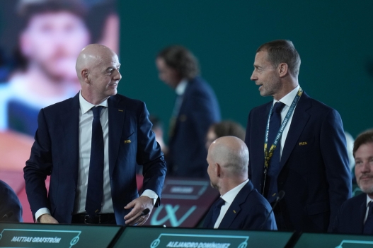 epa12924687 FIFA President Gianni Infantino (L) and UEFA President Aleksander Ceferin attend the 76th FIFA Congress 2026 in Vancouver, Canada, 30 April 2026.  EPA/BOB FRID