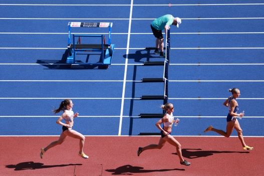 From right: Eveliina Maattanen of Finland, Keely Hodgkinson of Britain and Eloisa Coiro of Italy compete in a women's 800 meters heat at the European Athletics Championships in Birmingham, England, Tuesday, Aug. 11, 2026. (AP Photo/Morgan Harlow)