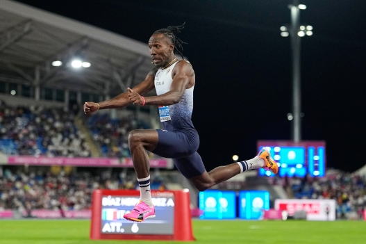 Italy's Andy Diaz Hernandez makes an attempt in the men's triple jump final at the European Athletics Championships in Birmingham, England, Saturday, Aug. 15, 2026. (AP Photo/Matthias Schrader)