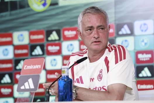 epa13182284 Real Madrid's head coach Jose Mourinho attends a press conference prior to the training session of the team in Madrid, Spain, 21 August 2026. Real Madrid prepares for the upcoming LaLiga match against Espanyol on 21 August.  EPA/Chema Moya