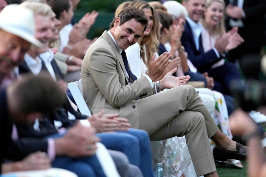 NEWPORT, RHODE ISLAND - AUGUST 29: Inductee Roger Federer takes his seat during the International Tennis Hall of Fame 2026 Induction Ceremony on August 29, 2026 in Newport, Rhode Island. Joe Buglewicz/Getty Images/AFP (Photo by Joe Buglewicz / GETTY IMAGES NORTH AMERICA / Getty Images via AFP)