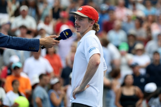 NEW YORK, NEW YORK - SEPTEMBER 03: Dane Sweeny of Australia is interviewed by the media after defeating Lorenzo Musetti of Italy during their Men's Singles Second Round match on Day Five of the 2026 US Open at USTA Billie Jean King National Tennis Center on September 03, 2026 in the Flushing neighborhood of the Queens borough of New York City.   Sarah Stier/Getty Images/AFP (Photo by Sarah Stier / GETTY IMAGES NORTH AMERICA / Getty Images via AFP)