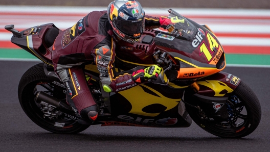 Elf Marc VDS Racing Teams Italian rider Tony Arbolino competes during the free practice session for the Indonesian Grand Prix Moto2 race at the Mandalika International Circuit at Kuta Mandalika in Central Lombok on March 18, 2022. (Photo by BAY ISMOYO / AFP)