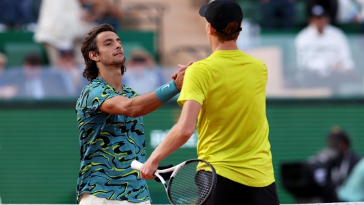 MONTE-CARLO, MONACO - APRIL 14: Jannik Sinner of Italy shakes hands at the net after his straight sets victory against Lorenzo Musetti of Italy in their quarterfinal match during day six of the Rolex Monte-Carlo Masters at Monte-Carlo Country Club on April 14, 2023 in Monte-Carlo, Monaco. (Photo by Clive Brunskill/Getty Images)