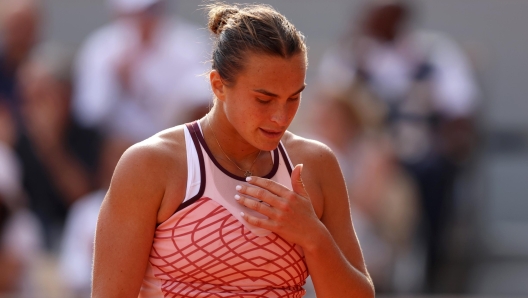 PARIS, FRANCE - JUNE 08: Aryna Sabalenka looks on against Karolina Muchova of Czech Republic during the Women's Singles Semi-Final match on Day Twelve of the 2023 French Open at Roland Garros on June 08, 2023 in Paris, France. (Photo by Clive Brunskill/Getty Images)