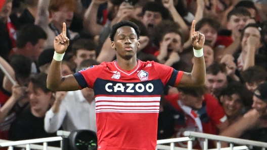 Lille's forward Jonathan David celebrates after scoring a goal during the French L1 football match between Lille LOSC and FC Nantes at Stade Pierre-Mauroy in Villeneuve-d'Ascq, northern France on May 27, 2023. (Photo by DENIS CHARLET / AFP)