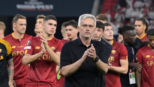 BUDAPEST, HUNGARY - MAY 31:  Head coach of AS Roma Jose Mourinho reacts at the end of the UEFA Europa League 2022/23 final match between Sevilla FC and AS Roma at Puskas Arena on May 31, 2023 in Budapest, Hungary. (Photo by Fabio Rossi/AS Roma via Getty Images)