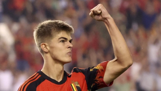 Belgium's Charles De Ketelaere celebrates after scoring his sides fifth goal during the Euro 2024 group F qualifying soccer match between Belgium and Estonia at the King Boudouin Stadium in Brussels, Tuesday, Sept. 12, 2023. (AP Photo/Geert Vanden Wijngaert)