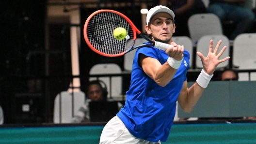 BOLOGNA, ITALY - SEPTEMBER 13:  Matteo Arnaldi of Italy in action during the match between Simone Bolelli and Matteo Arnaldi of Italy and Alexis Galarneau and Vasek Pospisil of Canada during 2023 Davis Cup Finals Group Stage Bologna - Day 2 at Unipol Arena on September 13, 2023 in Bologna, Italy. (Photo by Giuseppe Bellini/Getty Images for ITF)