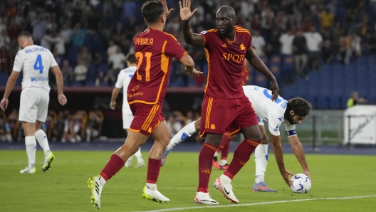 Roma's Romelu Lukaku, right, and Roma's Paulo Dybala celebrate after Renato Sanches scored their side's second goal during a Serie A soccer match between Roma and Empoli, at Rome's Olympic stadium, Sunday, Sept. 17, 2023. (AP Photo/Alessandra Tarantino)