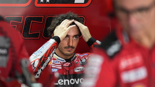 Ducati Lenovo Team Italian rider Francesco Bagnaia gets ready to compete in qualifying round during Moto GP Bharat in Greater Noida, on the outskirts of New Delhi, India Saturday, Sept. 23, 2023. (AP Photo/Manish Swarup)