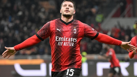 AC Milans forward Luka Jovic celebrates after scoring during the Coppa Italia (Italy Cup) soccer match at the Giuseppe Meazza stadium in Milan, Italy, 02 January 2024.  ANSA/DANIEL DAL ZENNARO