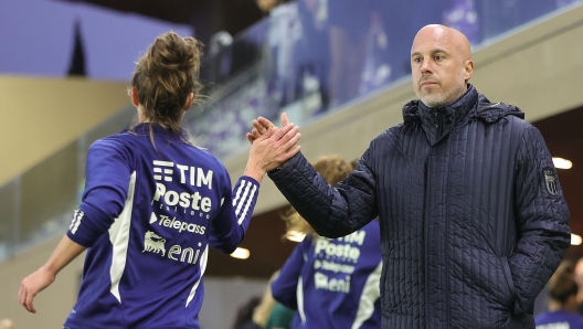 FLORENCE, ITALY - FEBRUARY 23: Head coach Andrea Soncin of Italy Women gestures during Italy and Ireland - Women International friendly match at Viola Park on February 23, 2024 in Florence, Italy. (Photo by Gabriele Maltinti/Getty Images)