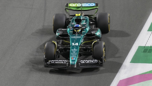 Aston Martin driver Fernando Alonso of Spain steers his car during the second practice session ahead of the Formula One Saudi Arabian Grand Prix at the Jeddah Corniche Circuit in Jeddah, Saudi Arabia, Thursday, March 7, 2024. The Saudi Arabian Grand Prix will be held on Saturday, March 9, 2024. (AP Photo/Darko Bandic)