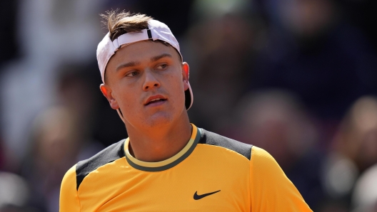 Holger Rune of Denmark reacts during the semi final match against Jan-Lennard Struff of Germany at the Tennis ATP tournament in Munich, Germany, Saturday, April 20, 2024. (AP Photo/Matthias Schrader)