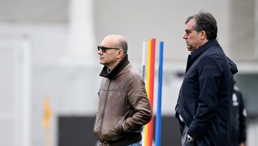 TURIN, ITALY - APRIL 9: Maurizio Scanavino, Cristiano Giuntoli of Juventus during a training session at JTC on April 9, 2024 in Turin, Italy.  (Photo by Daniele Badolato - Juventus FC/Juventus FC via Getty Images)