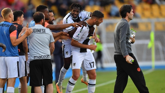 Udinese's stricker Lorenzo Lucca (17 Udinese Calcio)\ celebrates after scoring the team's first goal during the Serie A TIM soccer match between US Lecce and Udinese Calcio 1896 at the Via del Mare Stadium in Lecce, Italy, Monday, May 13, 2024. (Credit Image: © Giovanni Evangelista/LaPresse)