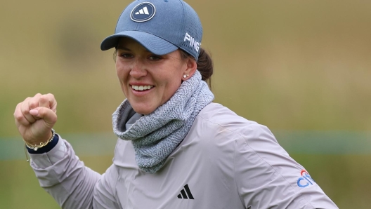 HELSINGBORG, SWEDEN - JUNE 09: Linn Grant of Sweden celebrates chipping in on the 18th hole during day four of the Volvo Car Scandinavian Mixed at Vasatorps Golfklubb on June 09, 2024 in Helsingborg, Sweden. (Photo by Luke Walker/Getty Images)