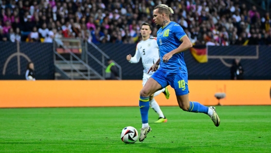 Ukraine's midfielder #10 Mykhaylo Mudryk plays the ball during the friendly football match Germany v Ukraine, in Nuremberg, eastern Germany, on June 3, 2024. (Photo by Tobias SCHWARZ / AFP)