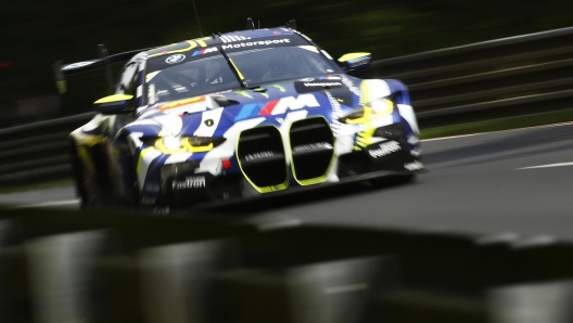 LE MANS, FRANCE - JUNE 13: The #46 Team WRT BMW M4 LMGT3 of Ahmad Al Harthy, Valentino Rossi, and Maxime Martin drives during practice for the 24 Hours of Le Mans at the Circuit de la Sarthe on June 13, 2024 in Le Mans, France. (Photo by Ker Robertson/Getty Images)