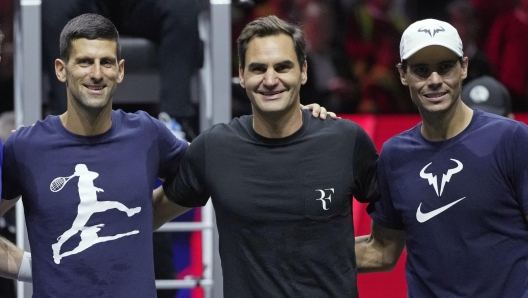 FILE - From left, Serbia's Novak Djokovic, Switzerland's Roger Federer and Spain's Rafael Nadal attend a training session ahead of the Laver Cup tennis tournament at O2 in London, Thursday, Sept. 22, 2022. (AP Photo/Kin Cheung, File)