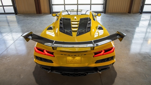 Rear view of Chevrolet Corvette ZR1 Coupe with ZTK Performance Package, highlighting the split-window rear hatch, parked in a garage. Preproduction model shown. Actual production model may vary.