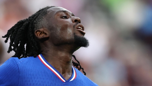 France's midfielder #06 Manu Kone looks on in the men's gold medal final football match between France and Spain during the Paris 2024 Olympic Games at the Parc des Princes in Paris on August 9, 2024. (Photo by Franck FIFE / AFP)