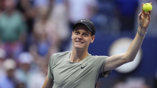 Jannik Sinner, of Italy, reacts after defeating Jack Draper, of Great Britain, during the men's singles semifinal of the U.S. Open tennis championships, Friday, Sept. 6, 2024, in New York. (AP Photo/Julia Nikhinson)