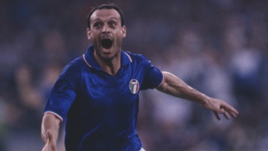 Italian footballer Salvatore Schillaci (#19) celebrates after scoring the opening goal for Italy in the semi final match between Argentina and Italy in the 1990 FIFA World Cup at the Stadio San Paolo in Naples, Italy on 3rd July 1990. The match would end 1-1 after extra time with Argentina winning the penalty shoot out 4-3 to progress to meet West Germany in the final. (Photo by Professional Sport/Popperfoto via Getty Images/Getty Images)