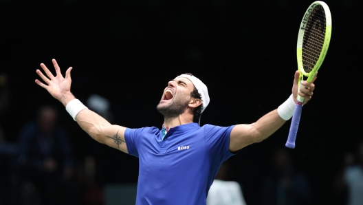 Matteo Berrettini celebrates for the victory of the tennis Davis Cup final 8 match between Matteo Berrettini (Italy) and Alexander Blockx (Belgium) at the Unipol arena, Casalecchio (Bologna), Bologna, northern Italy, Friday, September 13, 2024. Sport - Tennis - (Photo Michele Nucci - LaPresse)