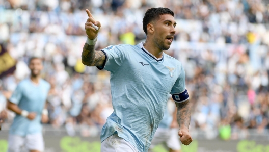 ROME, ITALY - OCTOBER 06: Mattia Zaccagni of SS Lazio celebrates a first goal during the Serie match between Lazio and Empoli at Stadio Olimpico on October 06, 2024 in Rome, Italy. (Photo by Marco Rosi - SS Lazio/Getty Images)