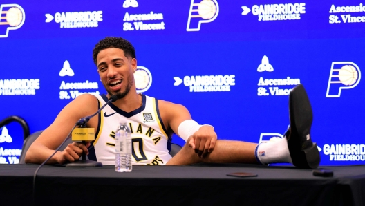 INDIANAPOLIS, INDIANA - SEPTEMBER 30: Tyrese Haliburton #0 of the Indiana Pacers speaks to the media during the Indiana Pacers Media Day at Gainbridge Fieldhouse on September 30, 2024 in Indianapolis, Indiana. NOTE TO USER: User expressly acknowledges and agrees that, by downloading and or using this photograph, User is consenting to the terms and conditions of the Getty Images License Agreement.   Justin Casterline/Getty Images/AFP (Photo by Justin Casterline / GETTY IMAGES NORTH AMERICA / Getty Images via AFP)