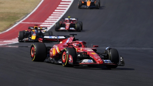 Ferrari driver Charles Leclerc, of Monaco, steers into a turn during the U.S. Grand Prix auto race at Circuit of the Americas, Sunday, Oct. 20, 2024, in Austin, Texas. (AP Photo/Eric Gay)