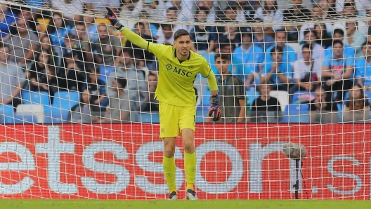 Alex Meret, Napoli`s goalkeeper, gestures during a Serie A match.