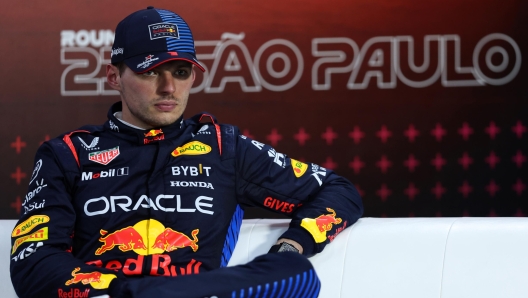 CORRECTED VERSION: SAO PAULO, BRAZIL - NOVEMBER 02: Third placed Max Verstappen of the Netherlands and Oracle Red Bull Racing, later demoted to 4th placed, attends the press conference after the Sprint ahead of the F1 Grand Prix of Brazil at Autodromo Jose Carlos Pace on November 02, 2024 in Sao Paulo, Brazil. (Photo by Lars Baron/Getty Images)