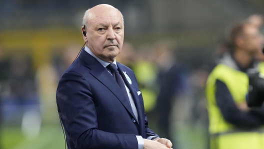 Inter Milan president Giuseppe Marotta stands prior to a Serie A soccer match between Inter Milan and Juventus at the San Siro stadium in Milan, Italy, Sunday, Oct.27, 2024. (AP Photo/Luca Bruno)