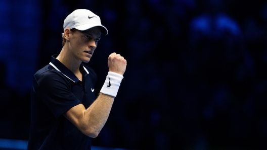 Italy's Jannik Sinner  reacts during the singles tennis match of the ATP World Tour Finals against United States' Taylor Fritz at the Inalpi Arena in Turin, Italy - Sport - Tuesday, November 12, 2024. (Photo by Marco Alpozzi/Lapresse)