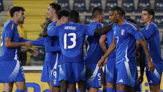 Italia’s players celebrations after the goal of 2-0 during the friendly match between Italia U21 and Francia U21 at the “Carlo Castellani - Computer Gross Arena” Stadium in Empoli (FI), center of Italy - friday, November 15, 2024. Sport - Soccer (Photo by Marco Bucco/La Presse)