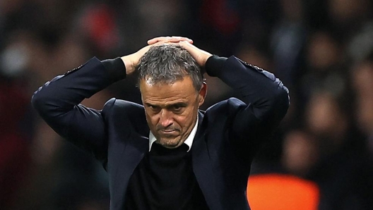 Paris Saint-Germain's Spanish head coach Luis Enrique reacts during the UEFA Champions League, League phase - Matchday 4, football match between Paris Saint-Germain (PSG) and Atletico Madrid, at the Parc des Princes stadium in Paris on November 6, 2024. (Photo by FRANCK FIFE / AFP)