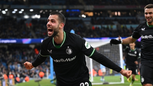 MANCHESTER, ENGLAND - NOVEMBER 26: David Hancko of Feyenoord celebrates scoring his team's third goal during the UEFA Champions League 2024/25 League Phase MD5 match between Manchester City and Feyenoord at City of Manchester Stadium on November 26, 2024 in Manchester, England. (Photo by Michael Regan/Getty Images)