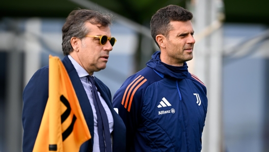 TURIN, ITALY - OCTOBER 21: Cristiano Giuntoli, Thiago Motta of Juventus during the UEFA Champions League 2024/25 League Phase MD3 training and press conference at Juventus Stadium on October 21, 2024 in Turin, Italy. (Photo by Daniele Badolato - Juventus FC/Juventus FC via Getty Images)