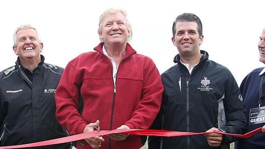 ABERDEEN, SCOTLAND - JULY 10:  Donald Trump opens The Trump International Golf Links Course on July 10, 2012 in Balmedie, Scotland. L to R Ivanka Trump, Martin Hawtree, George O'Grady, Colin Montgomery, Donald Trump, Don Trump Jr, Sandy Jones and back row Eric Trump.(Photo by Ian MacNicol/Getty Images)