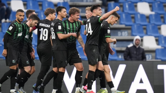 Sassuolo?s Luca Moro celebrates after scoring the 1-0 goal for his team during the Serie BKT 2024/2025 match between Sassuolo and Pisa at Mapei Stadium Citt del Tricolore - Sport, Soccer - Reggio Emilia, Italy - Saturday March 1, 2025 (Photo by Massimo Paolone/LaPresse)