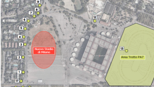 Map showing the new stadium alongside the old Meazza and the hippodrome
