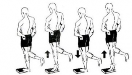 Calf Raises: Stando su un gradino/scala appoggia solo la parte anteriore del piede, lasciando la parte posteriore nel vuoto in modo che non tocchi nulla. Vai su velocemente, e poi torna giù lentamente, usando solo i polpacci. Occhio a non aiutarti troppo con le braccia, usale solo per appoggiarti e per non cadere. Alterna le gambe