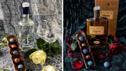 Le sfere ripiene con i distillati di Rossi d’Angera nella speciale box che contiene anche la bottiglia di Grappa Personale